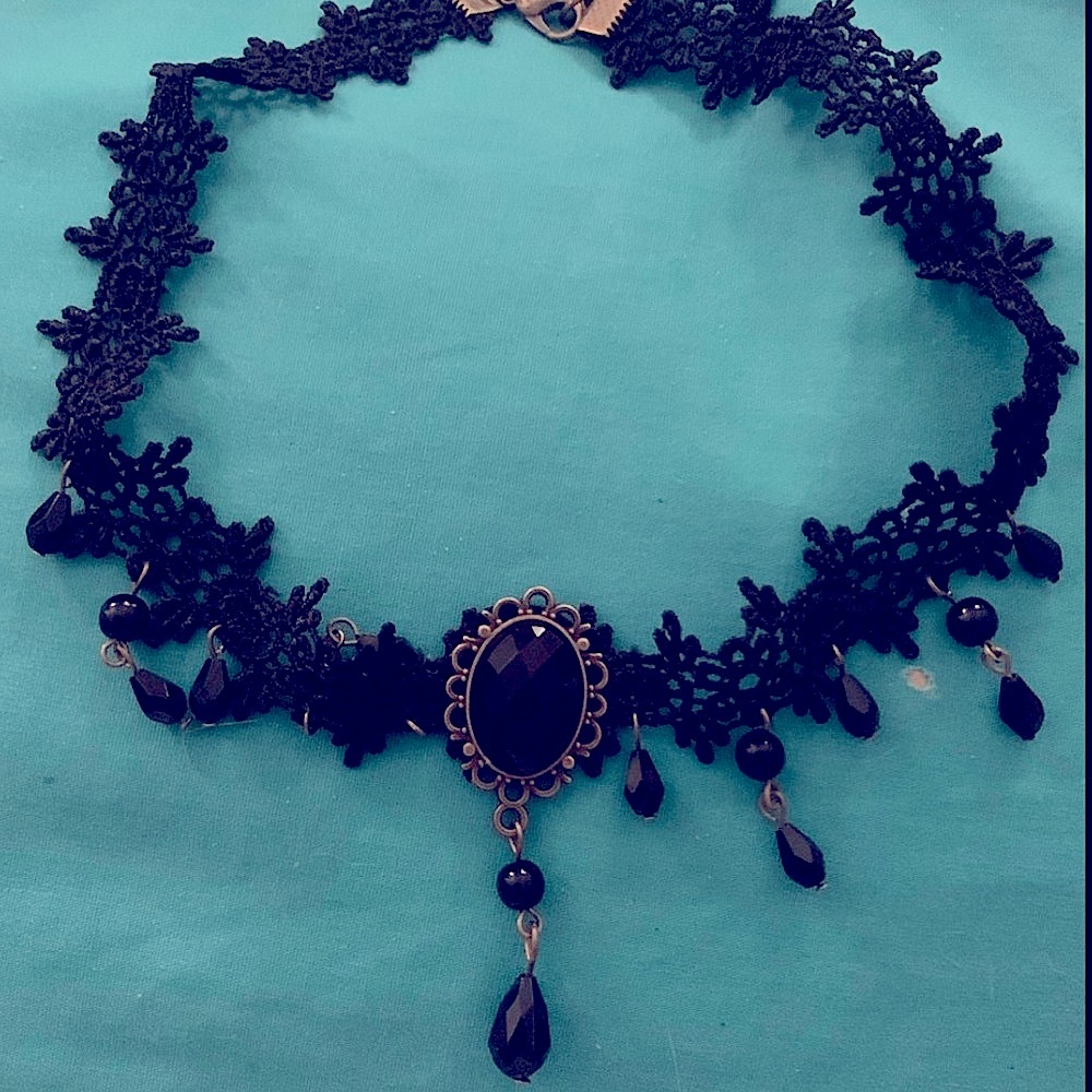 Black Lace Jewel Choker Necklace, Steampunk, Goth,‎ Punk, Halloween, Trendy - Picture 6 of 8